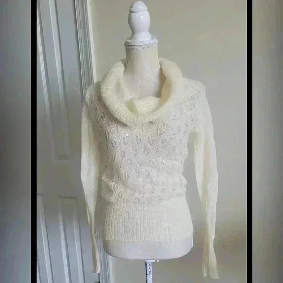 Y2K Ann Taylor Loft Wool Blend Beaded Cowl Sweater | Cream & Silver | Size L - Picture 1 of 13